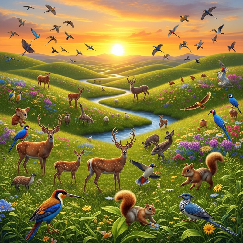 Scenic Green Hills with Wildlife | Nature's Serenity