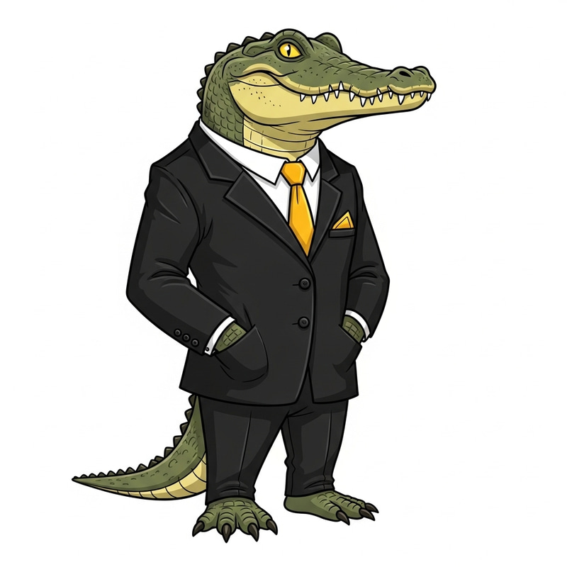 Elegant Crocodile in Black Suit and Yellow Tie