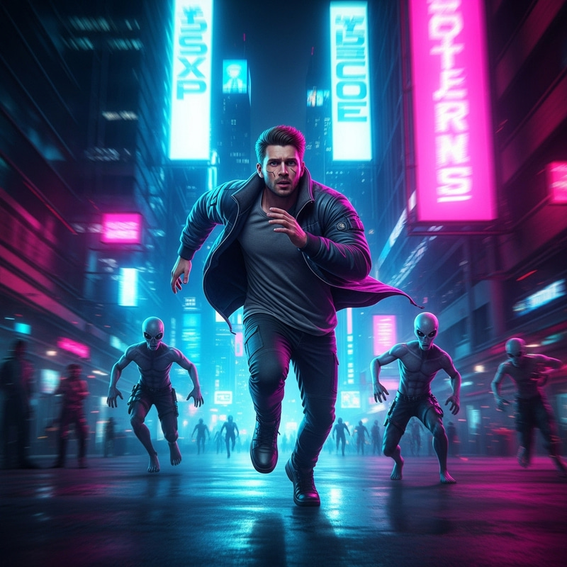 Intense Cyberpunk Chase in Neon Cityscape: Blade Runner Vibes Intense Cyberpunk Chase in Neon Cityscape: Blade Runner Vibes