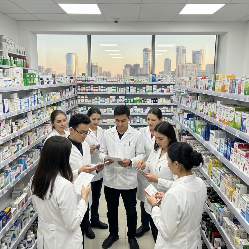Young Hobbyist Pharmacists Examining Pharmaceutical Supplies in Kazakhstan Pharmacy Young Hobbyist Pharmacists Examining Pharmaceutical Supplies in Kazakhstan Pharmacy