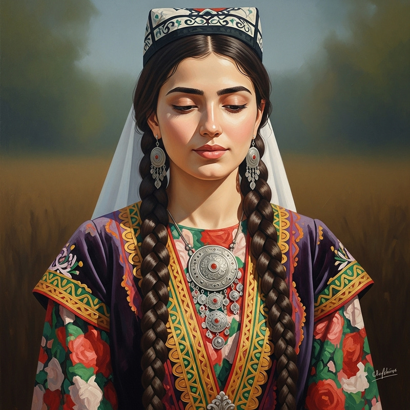 Tajik Girl in National Dress | Oil Painting of 25-Year-Old Tajik Girl in National Dress | Oil Painting of 25-Year-Old