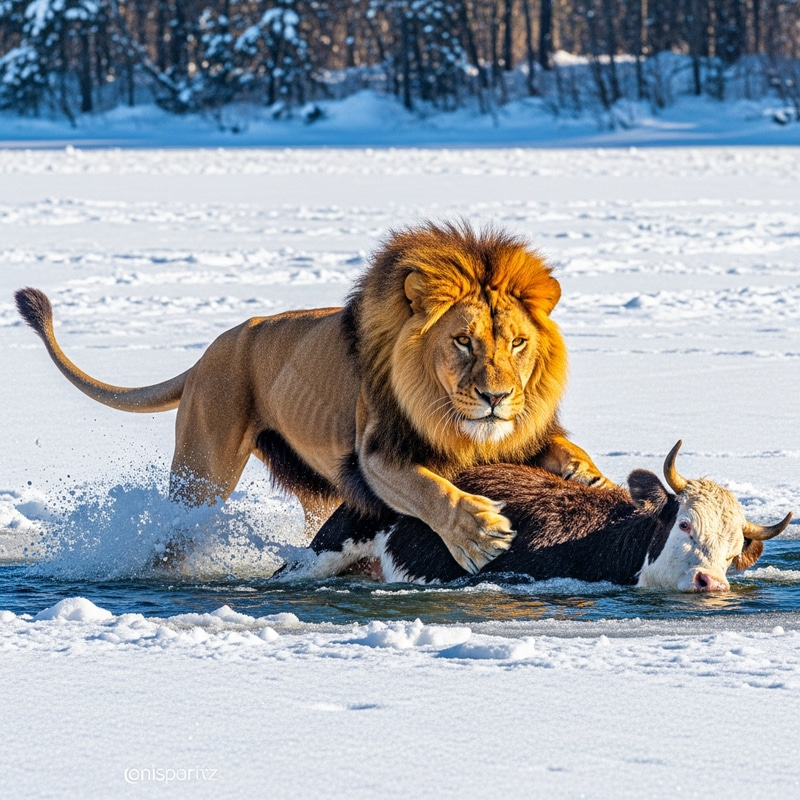 Majestic Lion Saves Cow in Snowy Wilderness | Vibrant Wildlife Photography Majestic Lion Saves Cow in Snowy Wilderness | Vibrant Wildlife Photography