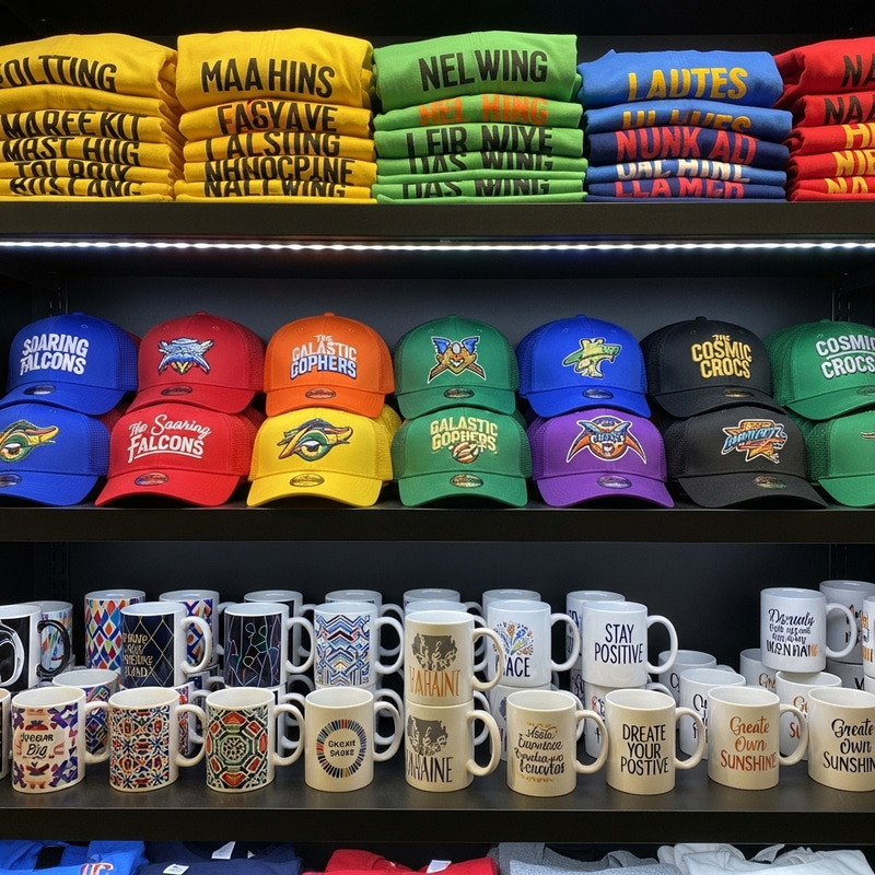 Vibrant Merchandise Rack with Shirts, Caps, and Mugs