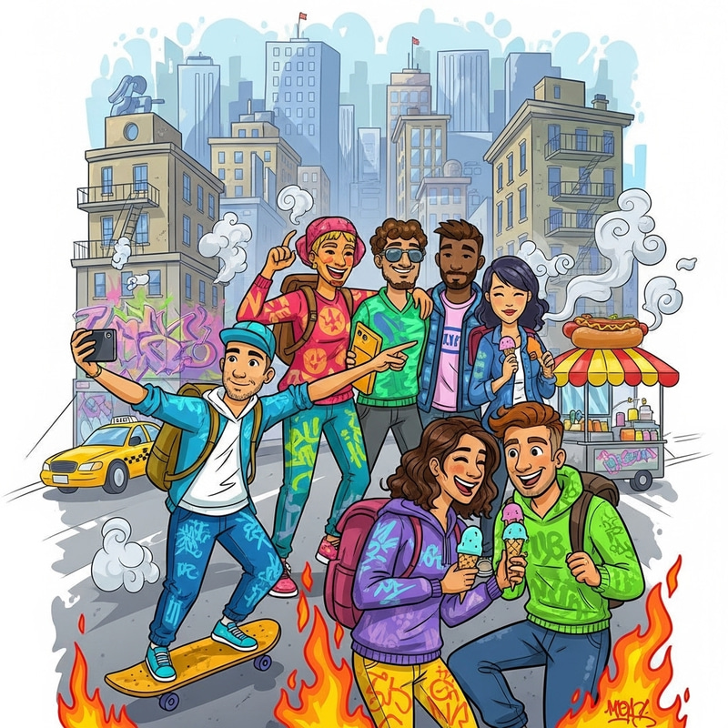 Epic Adventure with Energetic Travelers in Vibrant Graffiti Style Streets
