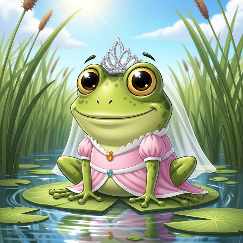 Royal Cartoon Frog: A Serene Pond Encounter