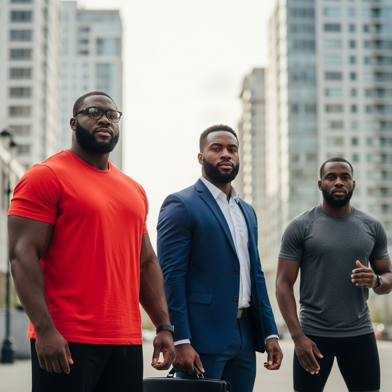 Big Black Men in Urban Setting: Red Shirt, Business Suit, Athletic Wear Big Black Men in Urban Setting: Red Shirt, Business Suit, Athletic Wear