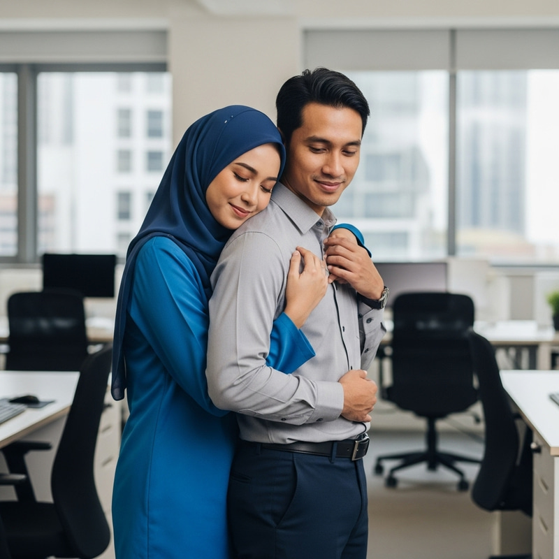 Malaysian Couple Embracing at Office | Wife in Hijab & Baju Kurung Malaysian Couple Embracing at Office | Wife in Hijab & Baju Kurung
