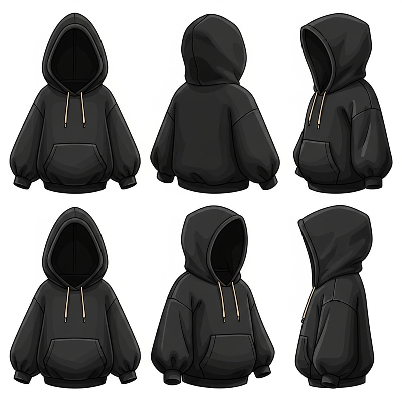 Mini Black Cartoon-Style Hoodie in All Sides View Mini Black Cartoon-Style Hoodie in All Sides View