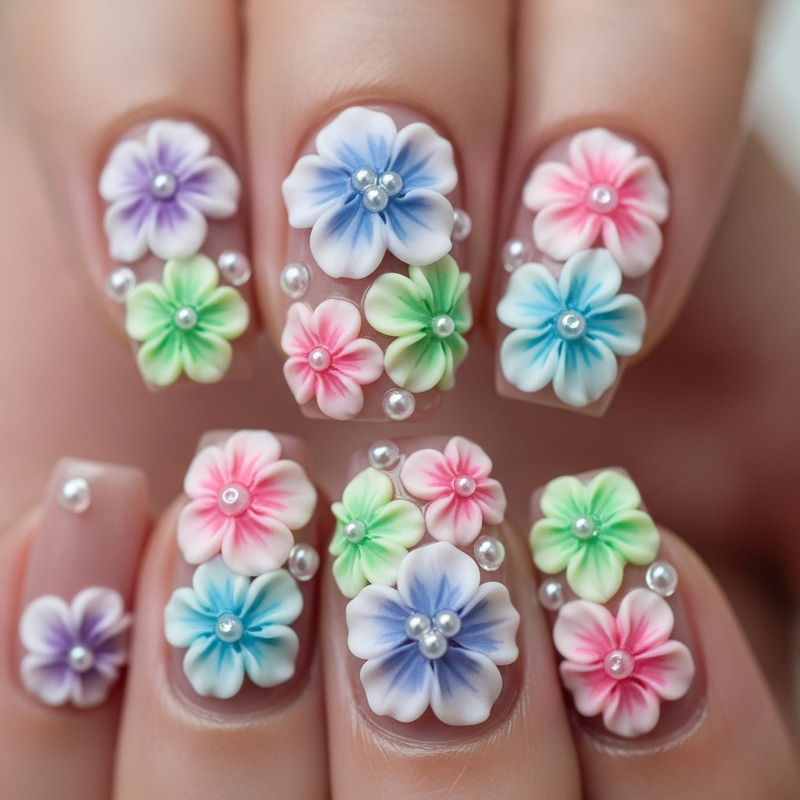 3D Floral Nail Art in Pastel Colors | Stunning Design Details 3D Floral Nail Art in Pastel Colors | Stunning Design Details