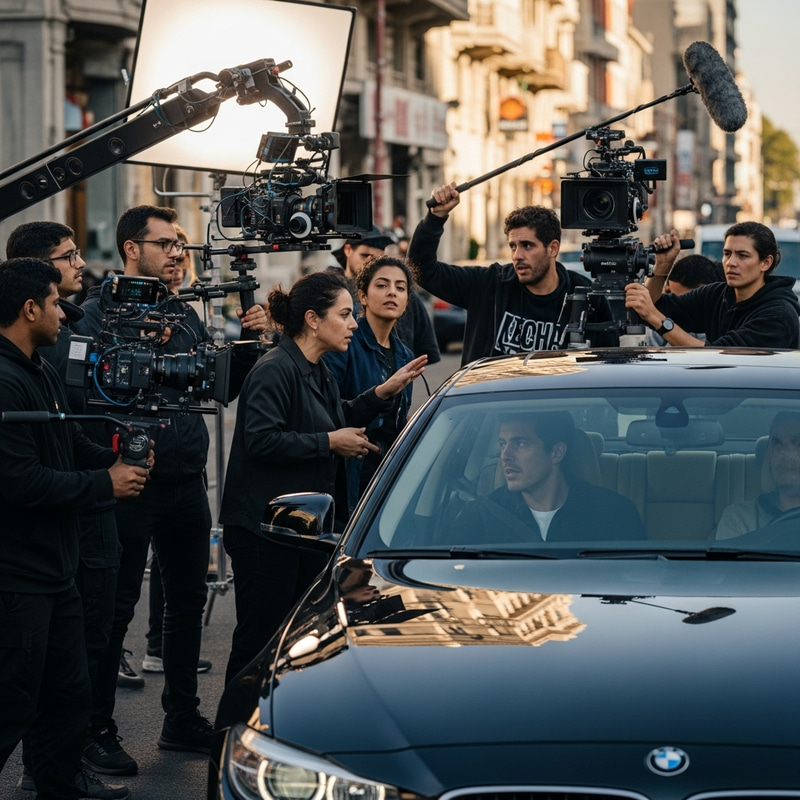 Cinematography Team Filming Car Scene with Urban Backdrop