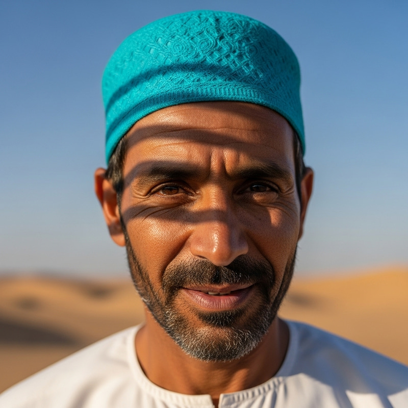 Stylish Turquoise Cap on Middle-Eastern Man