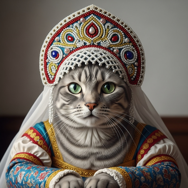 Portrait of a Female Grey Tabby Cat in Kokoshnik Hat