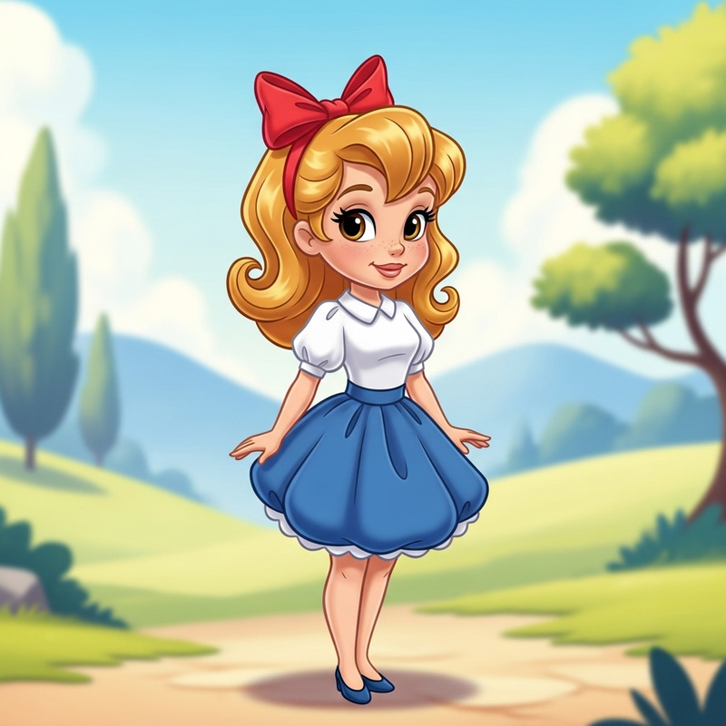 Cute European Girl with Golden Hair and Red Bow in Blue Poufy Skirt - Cartoon Style
