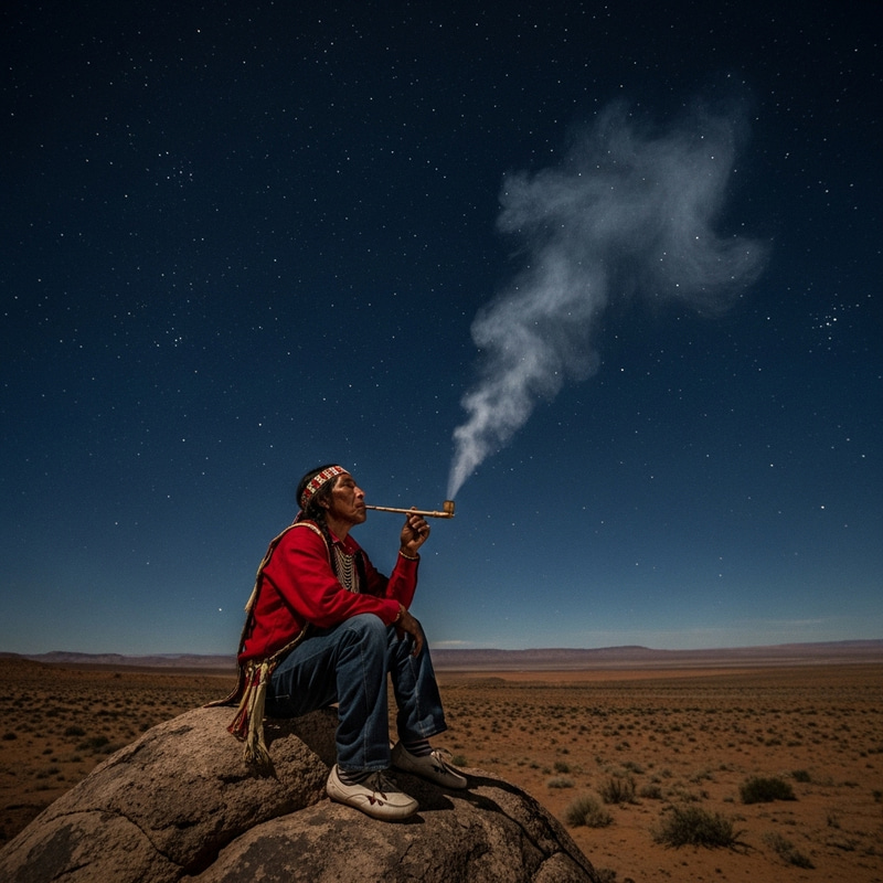 Mystical Indigenous Man Smoking Pipe Under Starlit Sky