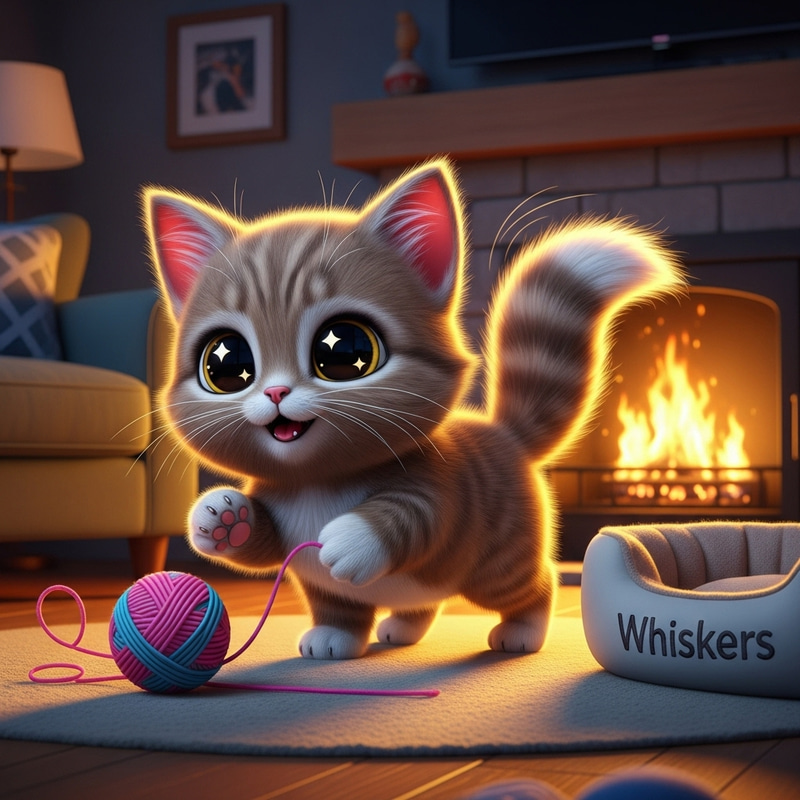 Cute Cartoon Kitten Playing with Yarn in Cozy Living Room Cute Cartoon Kitten Playing with Yarn in Cozy Living Room