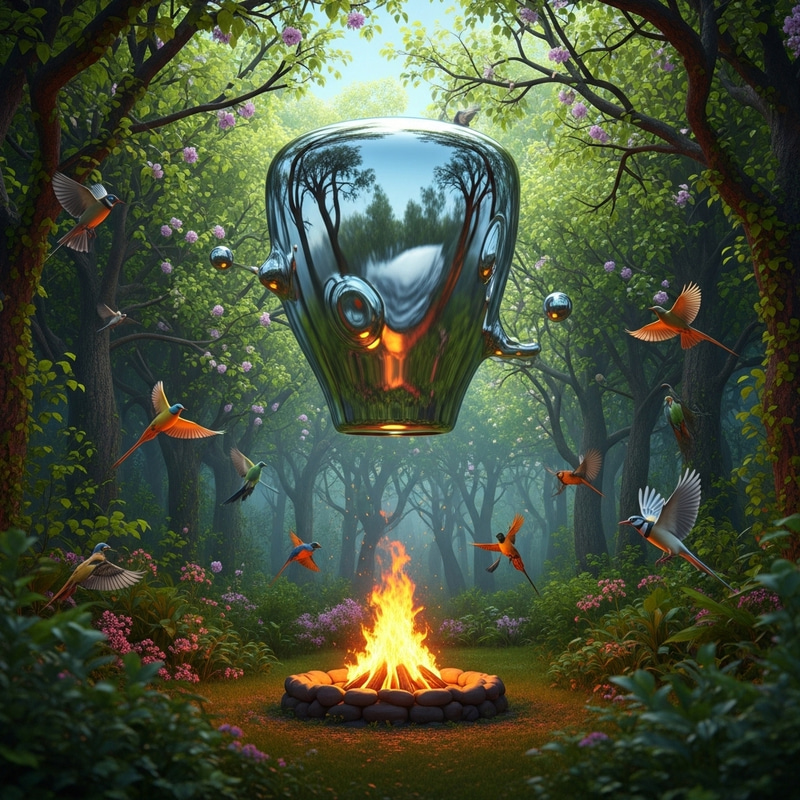 Enchanting Image of Liquid Mercury Above Lush Forest and Birds Soaring into Sky