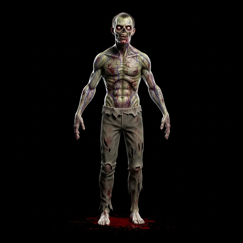 Realistic 3D Zombie with Green Skin, Tattered Clothes, and Intense Thirst for Blood Realistic 3D Zombie with Green Skin, Tattered Clothes, and Intense Thirst for Blood