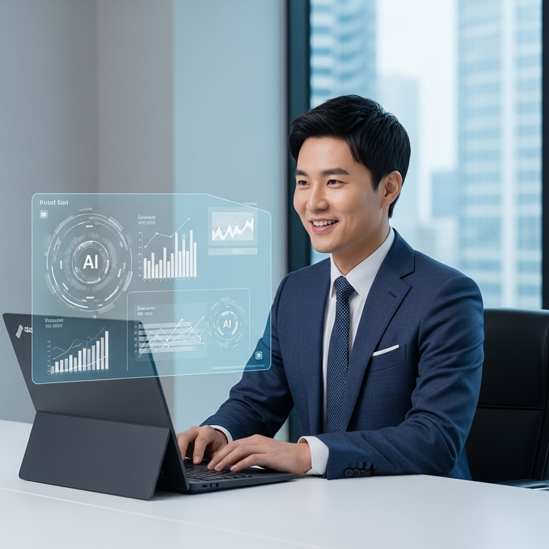 East Asian Businessman Utilizing AI Tools in Modern Office Setting East Asian Businessman Utilizing AI Tools in Modern Office Setting