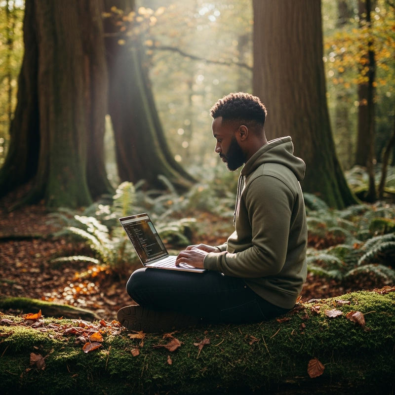 Black Man with Laptop in Forest - Digital Nature Connection