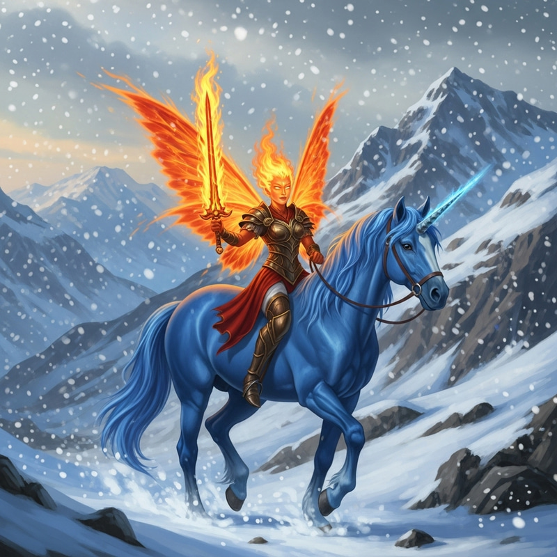Enchanting Fire Fairy & Blue Unicorn in Snowy Mountains Enchanting Fire Fairy & Blue Unicorn in Snowy Mountains