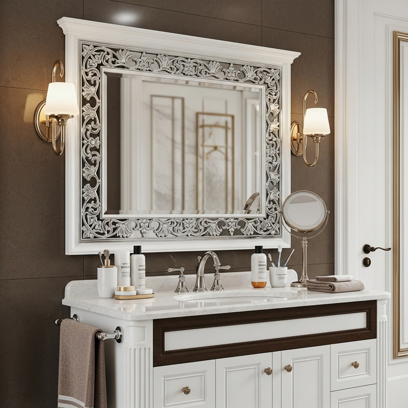 White & Brown Bathroom Vanity with Decorative Mirror White & Brown Bathroom Vanity with Decorative Mirror