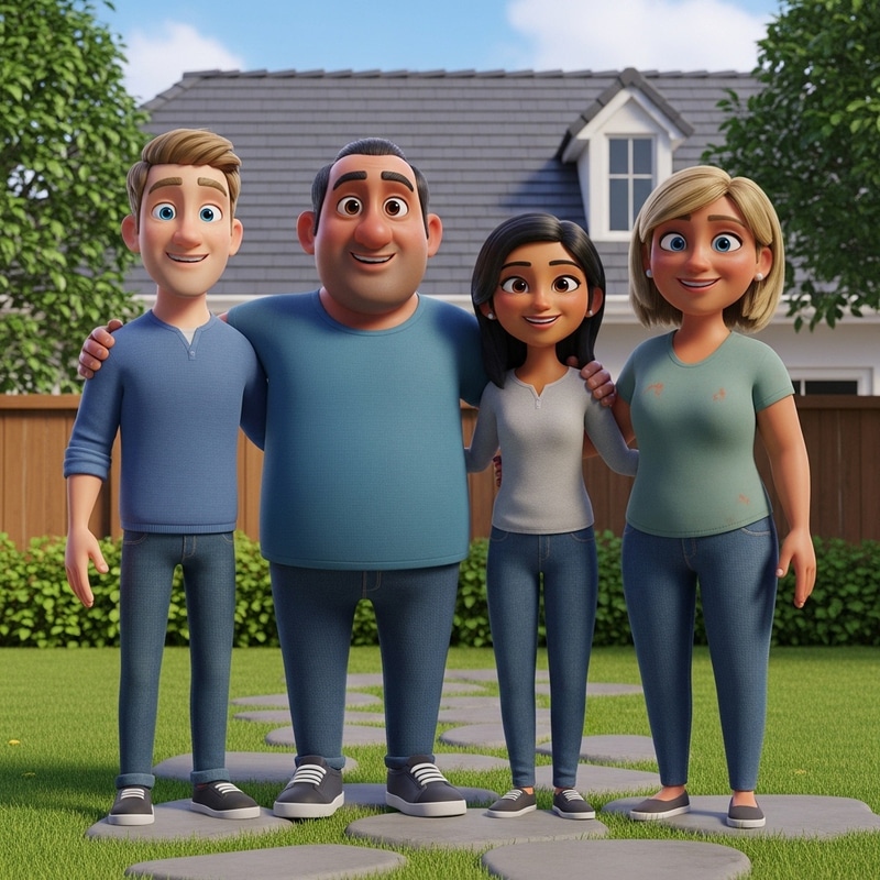 Cheerful Family Photo in 3D Animation - Siblings & Mother Cheerful Family Photo in 3D Animation - Siblings & Mother