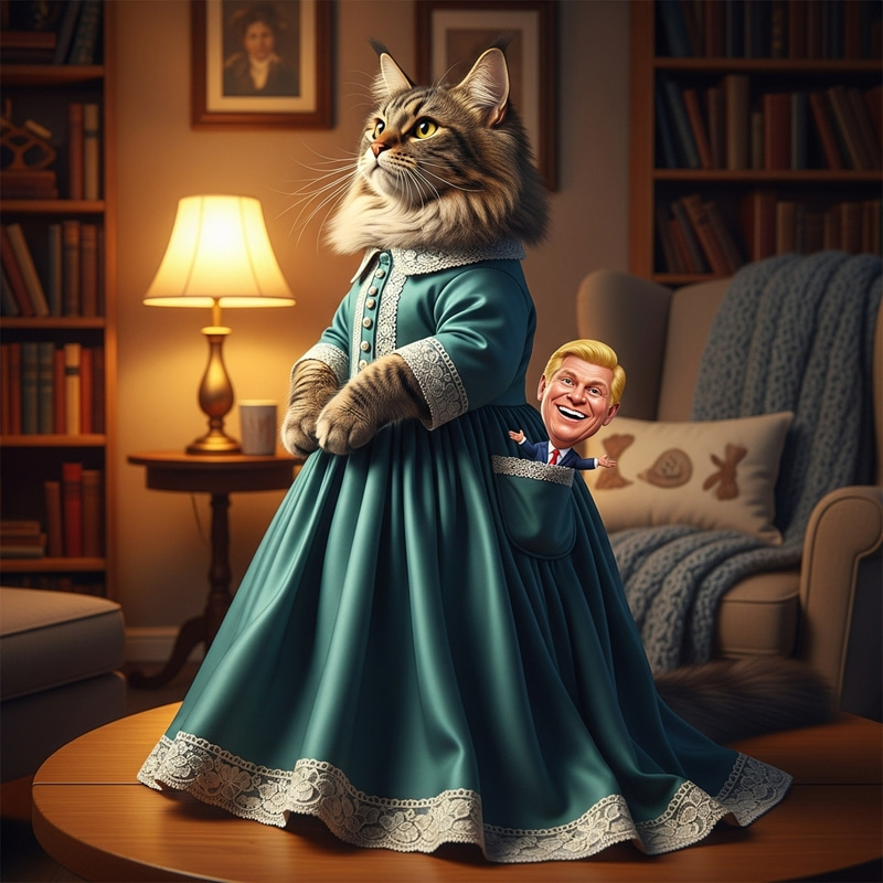 Cat in Dress with Trump Doll: A Whimsical Scene Cat in Dress with Trump Doll: A Whimsical Scene