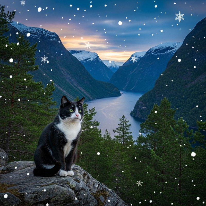 Tuxedo Cat in Nordic Landscape | Serene Fjord Tuxedo Cat in Nordic Landscape | Serene Fjord