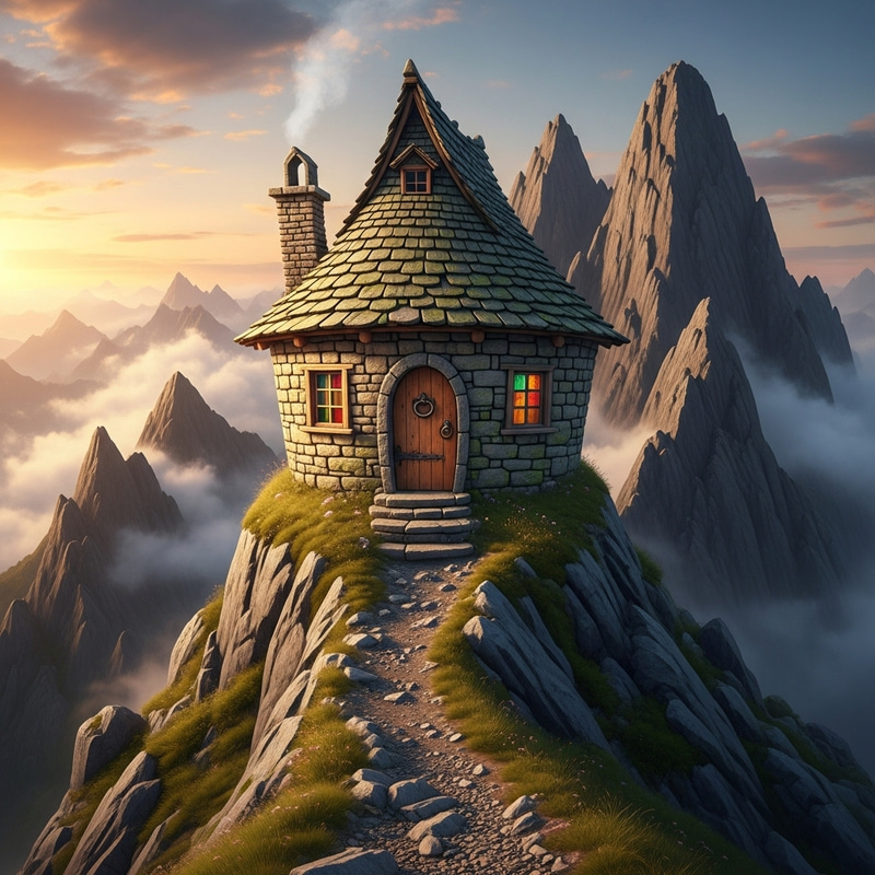 Whimsical Stone House on a Majestic Mountain Whimsical Stone House on a Majestic Mountain