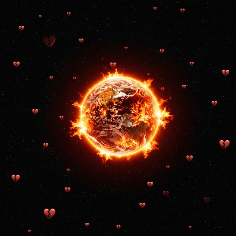 Cosmic Fire Surrounding Broken Heart Emojis on Flaming Earth Cosmic Fire Surrounding Broken Heart Emojis on Flaming Earth