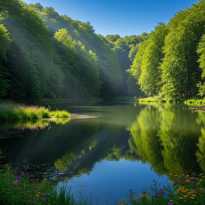 Tranquil Lake in Lush Forest - Captivating Nature Art Tranquil Lake in Lush Forest - Captivating Nature Art