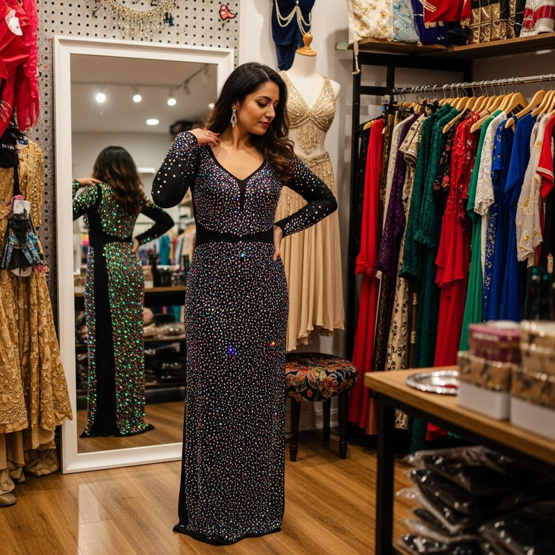 South Asian Woman Sparkling Costume Try-On at Clothing Store