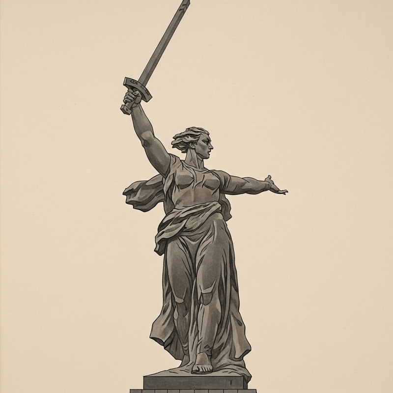 Symbolic Russian Statue 'Motherland' in Traditional Japanese Painting