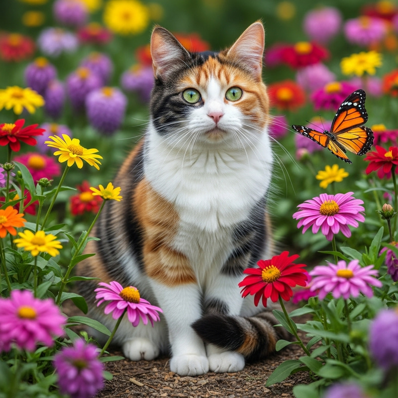 Stunning Calico Cat in Lush Garden Setting Stunning Calico Cat in Lush Garden Setting
