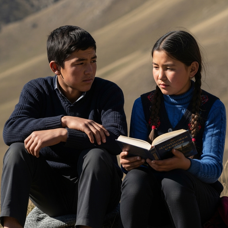 Serene Kazakh Friends on Mountain Slope | Reflective Adolescents Serene Kazakh Friends on Mountain Slope | Reflective Adolescents