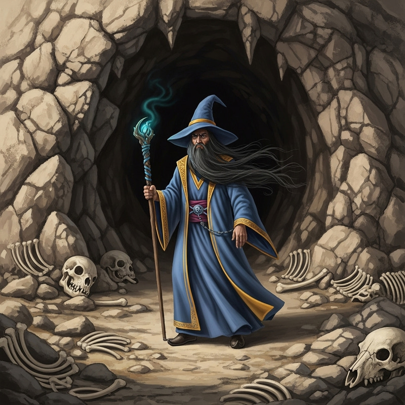 Mysterious Wizard Outside Cave with Scattered Bones