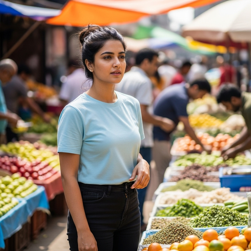 South Asian Woman in Marketplace | Black Jeans, Blue T-shirt