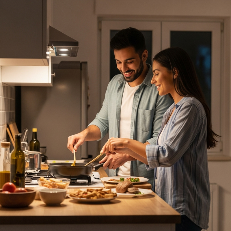Romantic Evening Cooking Scene with Diverse Couple Romantic Evening Cooking Scene with Diverse Couple