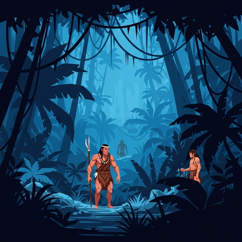 Ancient Jungle in Dark Blue Tones with Primitive Man - Vector Art