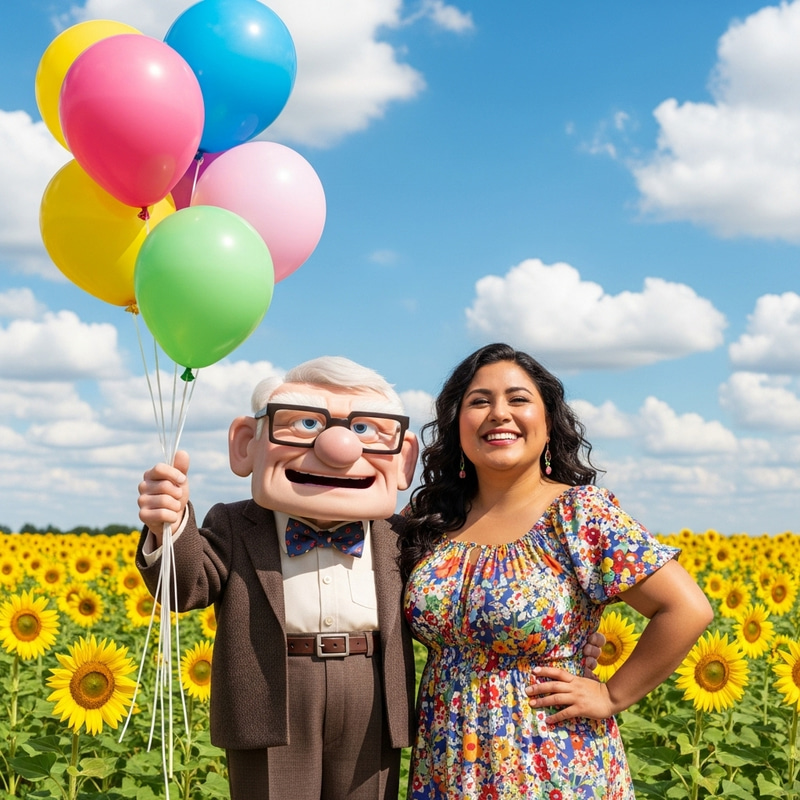 Smiling Elderly Gentleman and Latina Curvy Woman in Sunflower Field Smiling Elderly Gentleman and Latina Curvy Woman in Sunflower Field