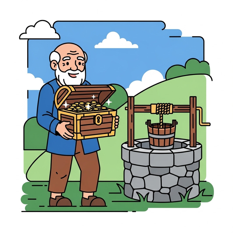 Happy Senior with Gold Coins at Stone Well Clipart Happy Senior with Gold Coins at Stone Well Clipart