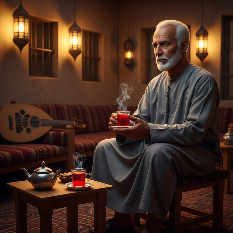 Traditional Arabic Coffee Shop: Elderly Man Sipping Red Tea Traditional Arabic Coffee Shop: Elderly Man Sipping Red Tea
