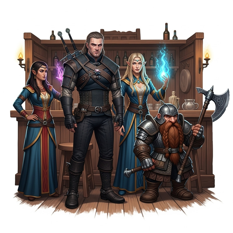 Diverse Fantasy Figure Tavern Scene: Witcher, Sorceress, Dwarf Diverse Fantasy Figure Tavern Scene: Witcher, Sorceress, Dwarf