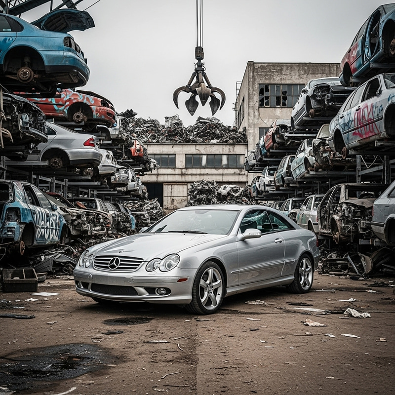 Mercedes CLK W209 on Scrapyard: Elegant Car Amidst Derelict Vehicles Mercedes CLK W209 on Scrapyard: Elegant Car Amidst Derelict Vehicles