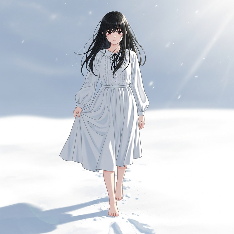 Black-Haired Girl Walking Barefoot on Snow | Sunlit Scene Black-Haired Girl Walking Barefoot on Snow | Sunlit Scene
