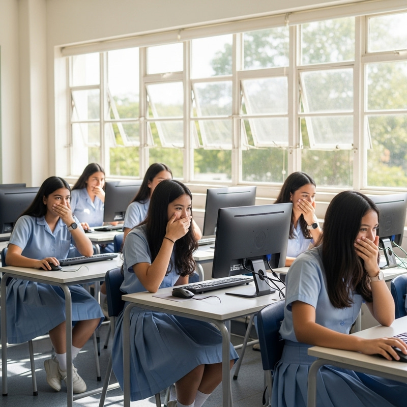 Captivating Moment: Six Asian Teen Girls Mesmerized by Their Silky Black Hair