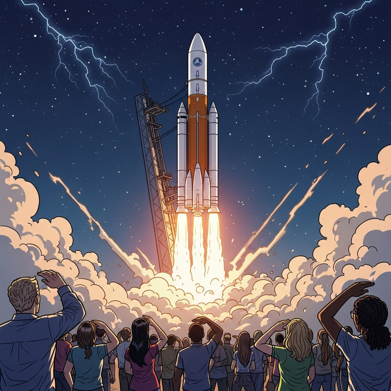 Dynamic Comic Rocket Launch: Diverse Crowd Gazes in Wonder Dynamic Comic Rocket Launch: Diverse Crowd Gazes in Wonder