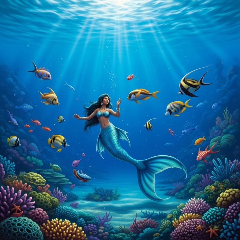 Fantasy-Inspired Underwater Scene with Mermaid and Colorful Sea Creatures