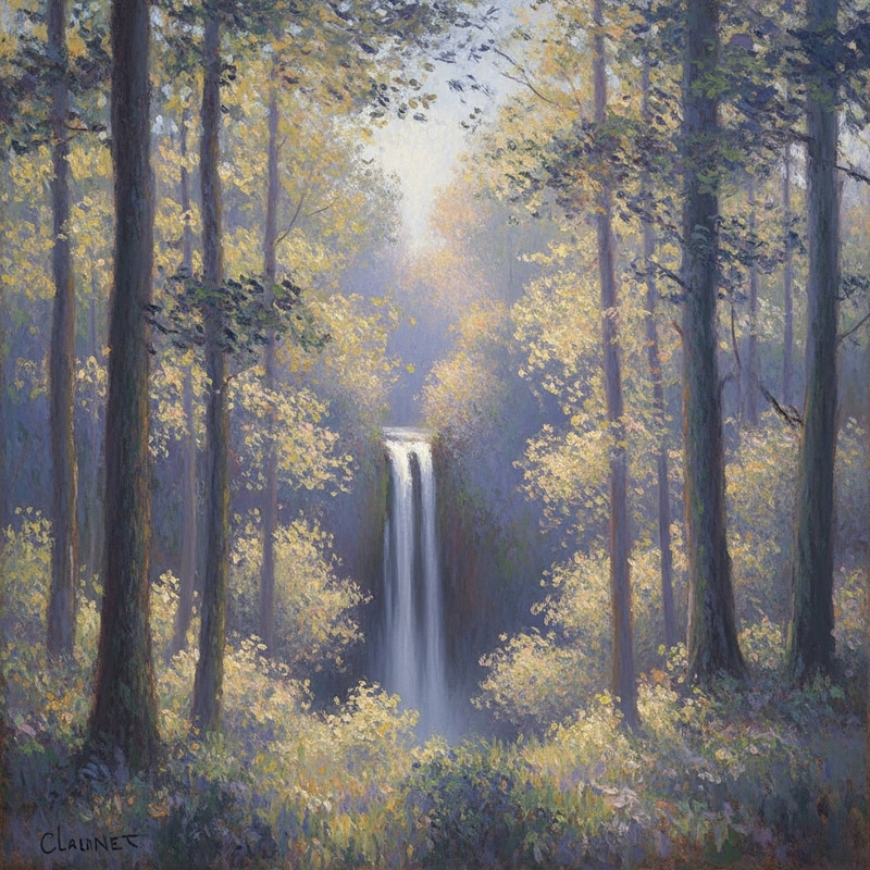 Mystical Forest with Hidden Waterfall - Monet's Style