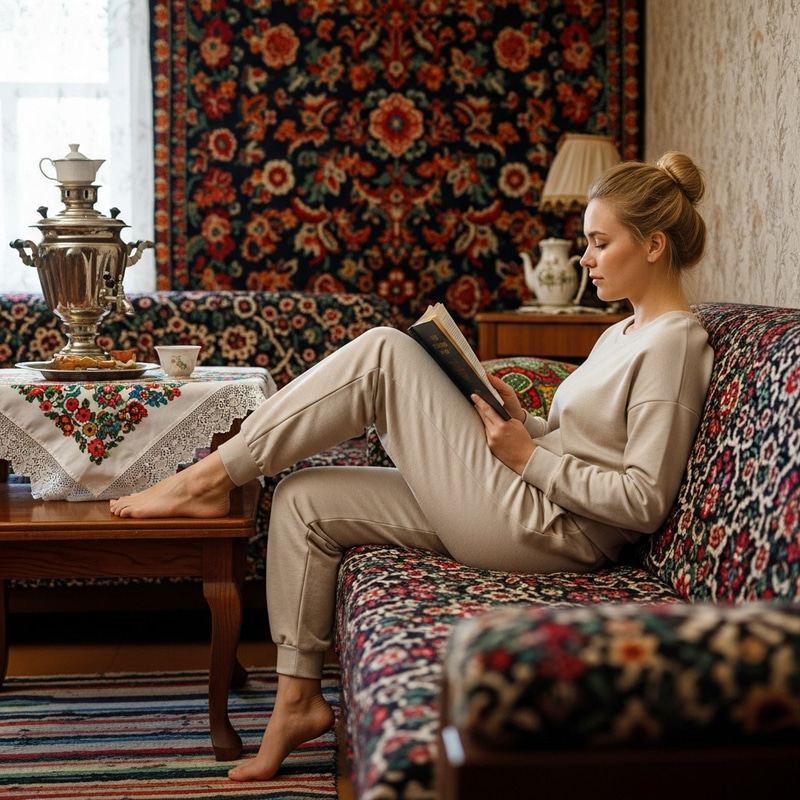 Russian Woman in Simple Attire Relaxing at Home Russian Woman in Simple Attire Relaxing at Home